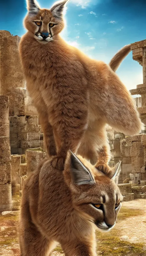 Image similar to fullbody photo of cute fluffy caracal as alexander the great, ancient greek city, sun behind him, sunny day, by ilya kuvshinov, rtx rendering, octane render 1 2 8 k, maya, extreme high intricate details by tom bagshaw, medium shot, close up shot, composition by sana takeda, lighting by greg rutkowski