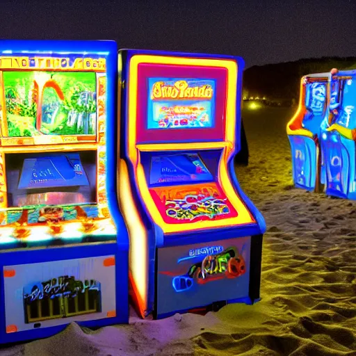 Image similar to a lovely arcade machine on the beach at night. photograph in the style of simon stalenhag