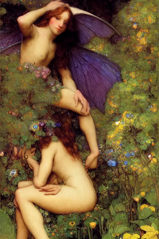Prompt: a beautiful faerie, golden ratio, detailed, rainbowshift, by maxfield parrish, john william waterhouse, brian froud