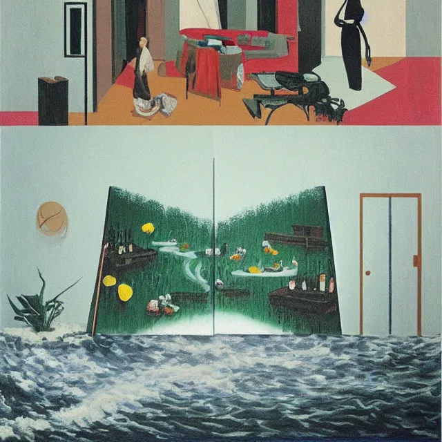 Image similar to painting of flood waters inside an apartment, tall female emo art student, a river flooding through a wall, tangelos, zen, pigs, ikebana, water, river, rapids, waterfall, black swans, canoe, pomegranate, berries dripping, acrylic on canvas, surrealist, by magritte and monet