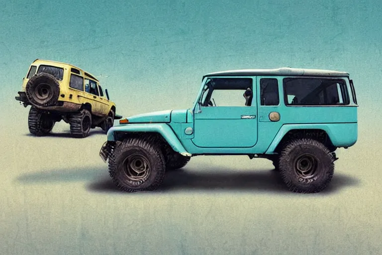 Image similar to digital illustration of a faded cyan mad max's fj 4 0 decrepit!!!! pursuit special, rusty!!! nissan fj cruiser heavily modded 1 9 9 0 s, the last v 8 interceptor by makoto shinkai, ilya kuvshinov, lois van baarle, rossdraws, basquiat