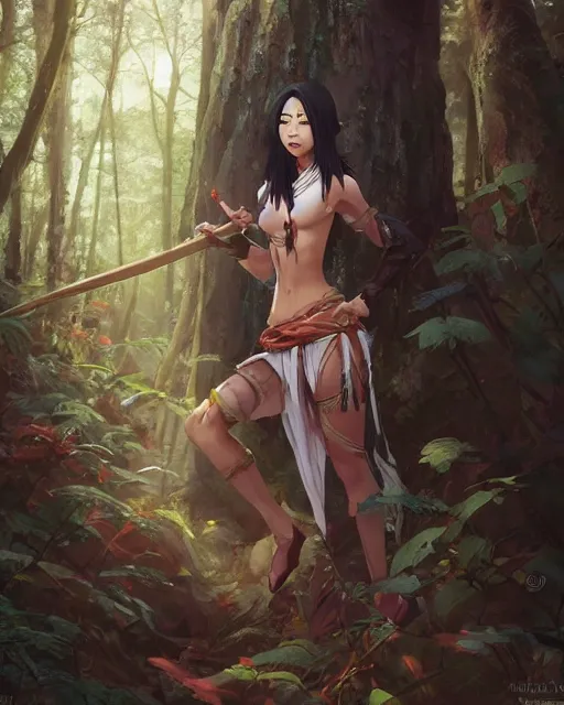 Prompt: an asian tribeswoman standing in the woods. By Makoto Shinkai, Stanley Artgerm Lau, WLOP, Rossdraws, James Jean, Andrei Riabovitchev, Marc Simonetti, krenz cushart, Sakimichan, D&D trending on ArtStation, digital art.