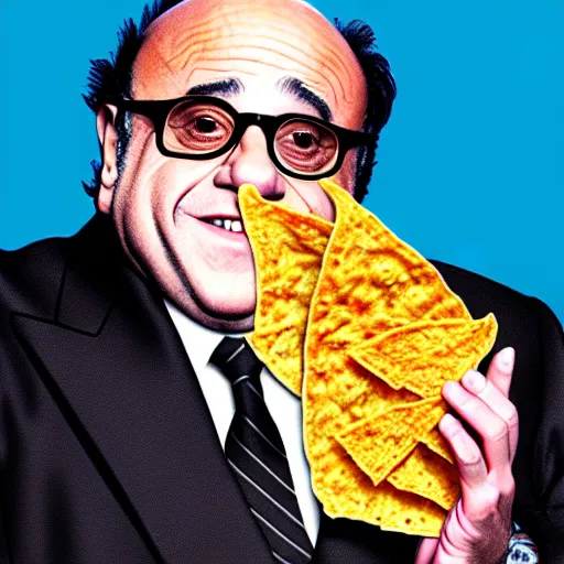 Image similar to danny devito with skin made out of a dorito