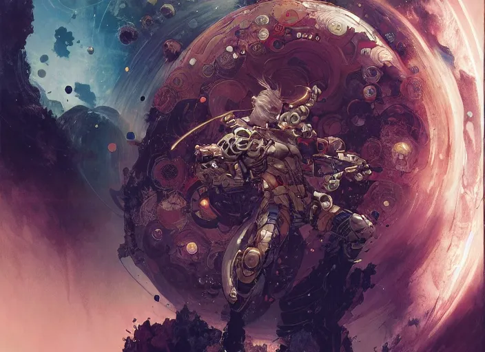 Image similar to joel kinnaman as a warrior surrounded by intergalactic planets connected by streams of magical flow, visually stunning, luxurious, by james jean, jakub rebelka, tran nguyen, peter mohrbacher, yoann lossel, wadim kashin