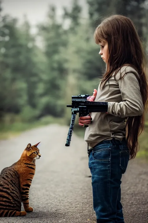 Image similar to photo of the girl, her cat and her railgun, symmetrical, cinematic, real dlsr photography, sharp focus, 4 k, ultra hd, sense of awe, military journal cover