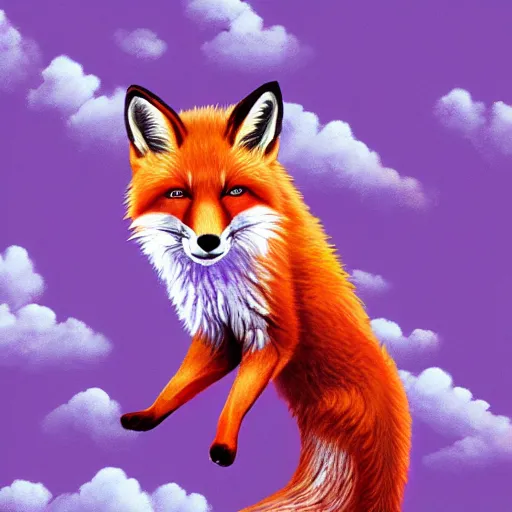 Prompt: a illustration red fox jump to the sun, surrounded by colorful clouds, divine, peaceful, elegant, tones of purple, by neofluid -
