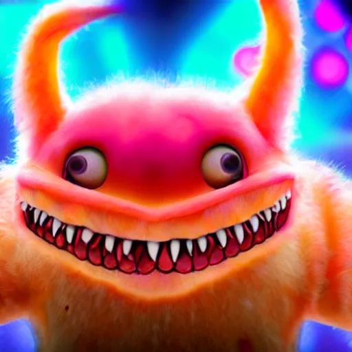 Prompt: an alien with a face that looks like a fuzzy peach the peach is fuzzy pink warm and ripe the alien has horns and a mean smile the alien has chicken feet cruel smile, 4k, highly detailed, high quality, amazing, high particle effects, glowing, majestic, soft lighting, detailed background, neon background