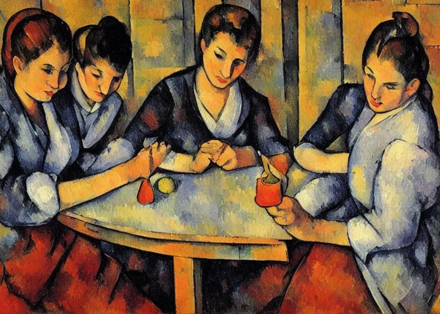 Image similar to in the style of paul cezanne. jouers des cartes. two beautiful girls with modern clothing sitting at a wooden table in a bar looking at their phones. there is a bright red lamp hangig above the table. milkshakes. dim light. a flatscreen tv in background.