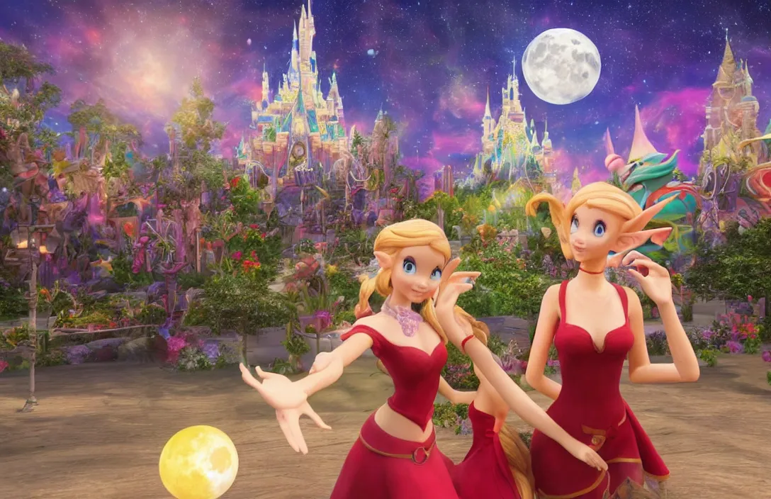 Prompt: two beautiful elf girls on a first date in the astral disneyland realm, holding each other, in the background is the astral disneyland resort, with a colorful universe behind it, the moon of disney spirits shines overhead, festive atmosphere, epic fantasy, ultra hd render, + 4 k uhd + very crisp and clear image, artstation, romantic, style of final fantasy