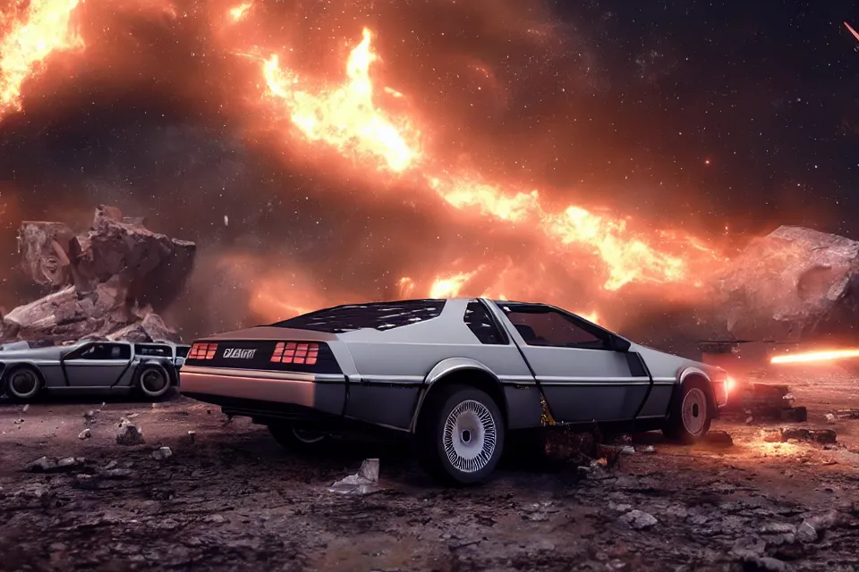 Image similar to ultra realistic delorean dmc 5 drifting on remote ancient highway wreckage in space, dark cinematic, volumetric, realistic, 3 d render, realistic render, cinematic lighting, volumetric lighting, atmospheric, cinematic, unreal engine 5, unreal engine render, octane render, hd, photorealism, hyper realistic, 8 k