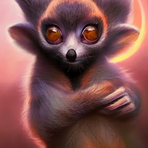 Prompt: Geometric dwarf lemur, sun in the background, intricate, elegant, highly detailed, digital painting, artstation, concept art, smooth, sharp focus, illustration, art by artgerm