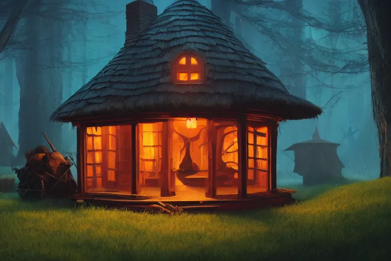 Prompt: witch hut, hyper realistic, ambient lighting, concept art, intricate, hyper detailed, smooth, dynamic volumetric lighting, octane, raytrace, cinematic, high quality, high resolution, 4 k, edward hopper