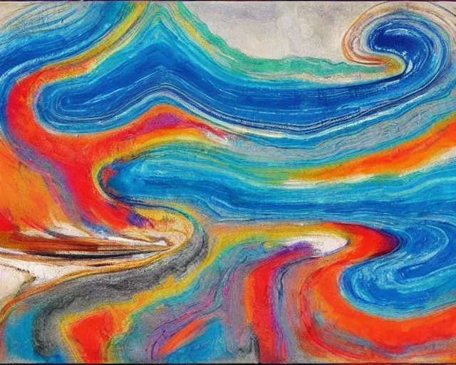 Image similar to Ocean waves in a psychedelic dream world. DMT. Curving rivers. Craggy mountains. Landscape painting by Wayne Thiebaud. Zao Wou-ki. Minimalist.