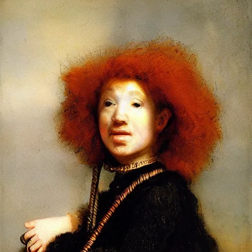 Prompt: Young red head female rock climber. A painting by Rembrandt.