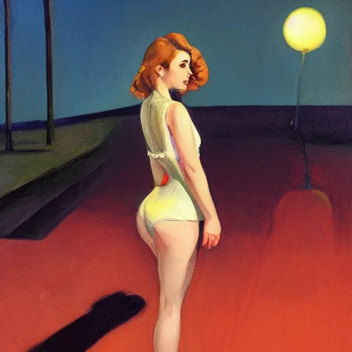 Image similar to Kaitlyn Michelle Siragusa, better known as Amouranth, full body portrait, by Edward Hopper