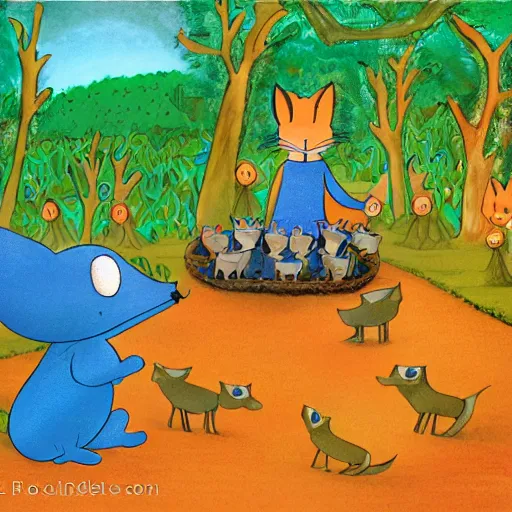 Prompt: the blue cucumber man telling a story to a group of little foxes, children book illustration