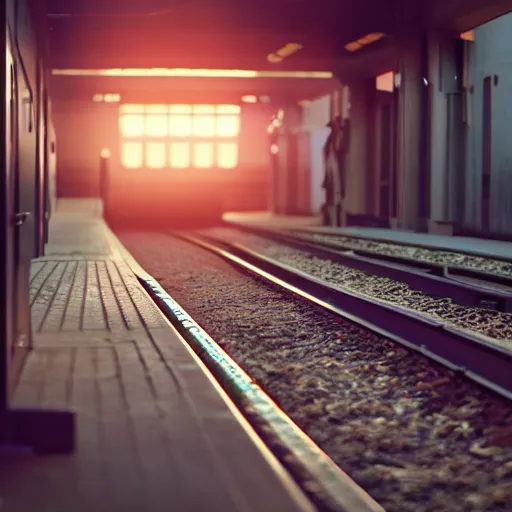 Prompt: photo of cyborg waiting for a train, 1970, soft light, morning light, photorealistic, realistic, octane, 8k, cinematic shot