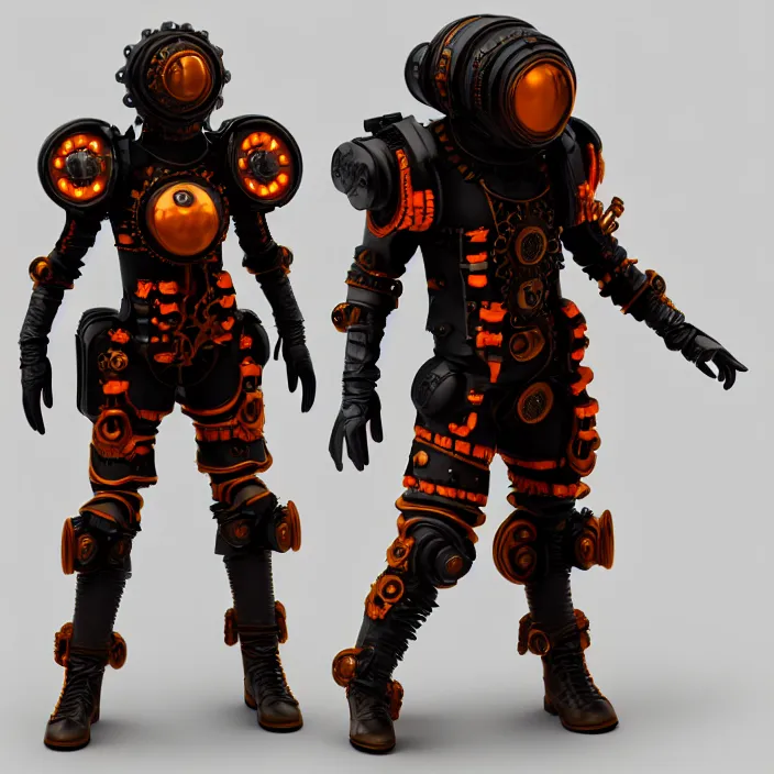 Image similar to a character in a futuristic room, black and orange steampunk armor, highly detailed, render, vray, octane, realistic lighting