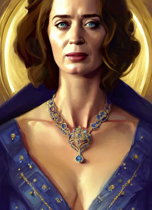 Image similar to portrait of emily blunt as queen, jewelry, greek, sapphire, victorian age, 1 8 9 0, intricate, headshot, key visual, conceptart, ambient lighting, highly detailed, digital painting, artstation, concept art, sharp focus, by makoto shinkai and akihiko yoshida and greg manchess