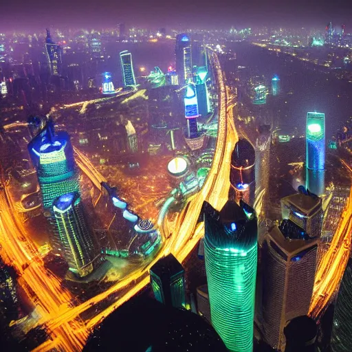 Prompt: night view of Shanghai city, by Makoto Shinkai