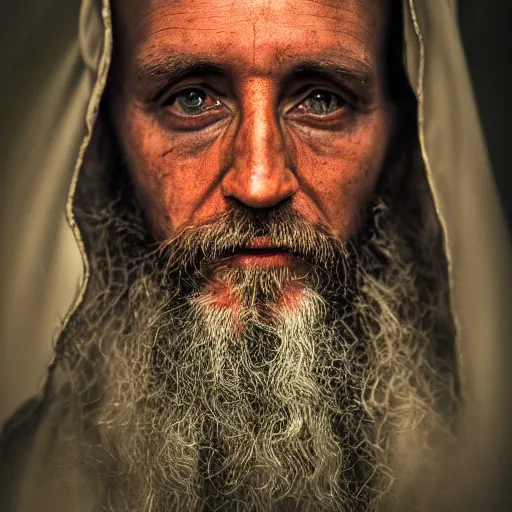 Prompt: stunning beautiful portrait photography of medieval sacred priest from national geographic award winning, dramatic lighting, taken with canon 5d mk4, sigma art lens, medium-shot