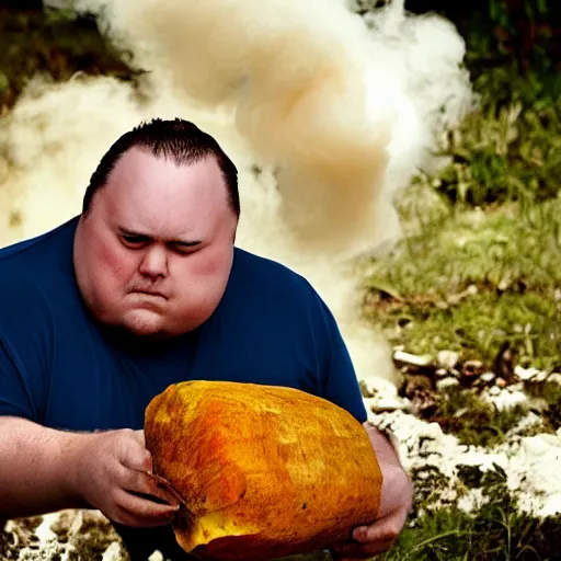 Image similar to a dramatic photo of a slightly fat man smashing a giant yam