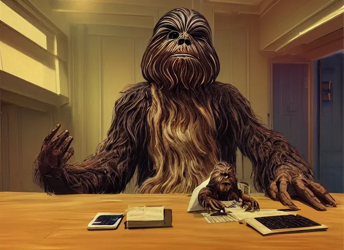 Prompt: wookiee comfy at home trading crypto. the charts are at all time highs, painting by frank frazetta, 3 d rendering by beeple