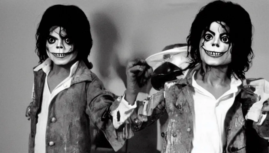 Image similar to a 1 9 8 0's horror movie where a little kid wears a michael jackson halloween mask