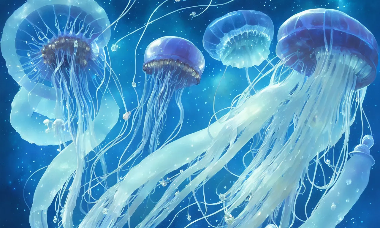 Image similar to detailed jellyfish in space, blue tones, underwater, full frame, highly detailed, digital painting, artstation, concept art, smooth, sharp focus, illustration, art greg rutkowski and alphonse mucha