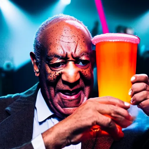 Prompt: an award winning cinematic still of Bill Cosby offering large glowing drink in nightclub background, sinister colorful 16k hyper realistic photograph, centered, dramatic lighting