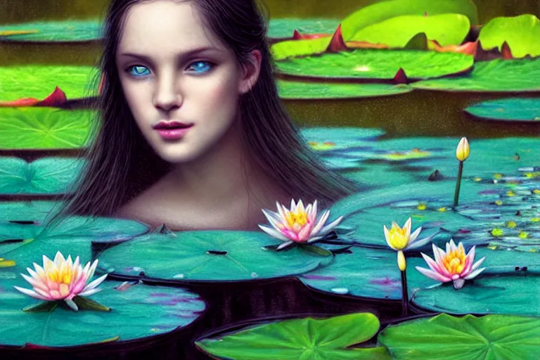 Image similar to light teal portrait in the rain on pond with waterlilies, fantasy, intricate, elegant, dramatic lighting, emotionally evoking symbolic metaphor, highly detailed, lifelike, photorealistic, digital painting, artstation, concept art, smooth, sharp focus, illustration, art by John Collier and Albert Aublet and Krenz Cushart and Artem Demura and Alphonse Mucha
