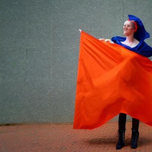 Image similar to a dutch woman, wrapped in the flag of the netherlands