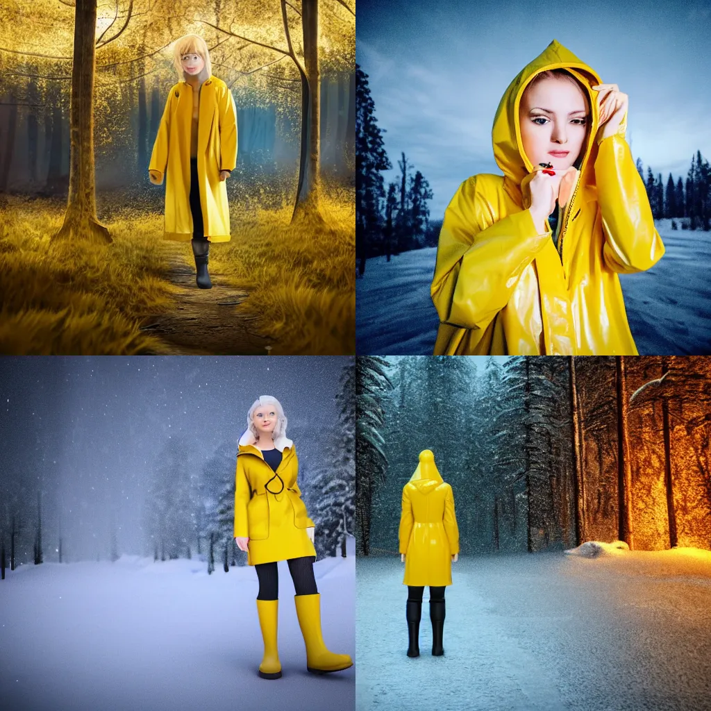 Prompt: Beautiful blonde woman dressed in yellow raincoat and yellow rubber boots look into the camera, walks in the dark side of Finland, Disney style, unreal engine,