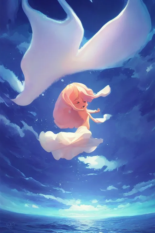 Image similar to a very cute sea slug angel, by rhads, makoto shinkai and lois van baarle, johannes voss, low angle fisheye view, sky whith plump white clouds, elegant, highly detailed, artstation, 8 k, unreal engine, hdr, concept art, volumetric lighting matte