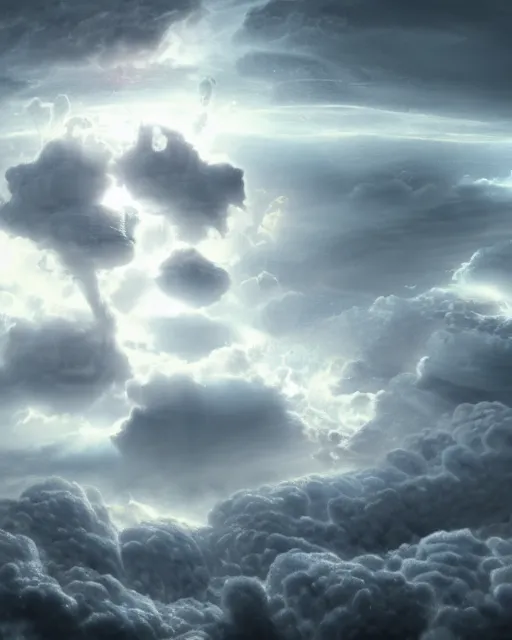 Image similar to a cloud formation in form of an alien superstructure, hyper realistic, hyper detailed, volumetric light, 8k