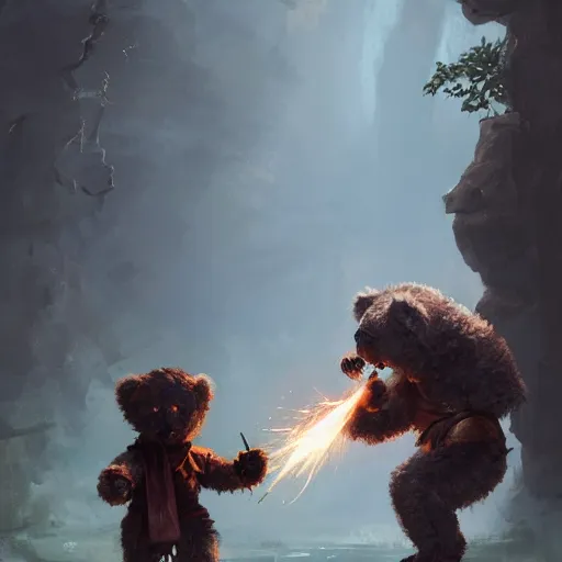 Image similar to a teddy bear priest fights against a Puppet warrior, by greg rutkowski, in the style of magic the gathering, trending on artstation, 4k, very detailed