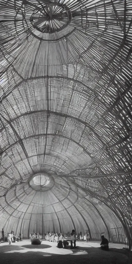 Prompt: inside small pavilion made of bamboo. complex curved vaulting structure. a large crowd at a party. architectural photography. hugh ferriss, 4 k, 8 k. volumetric lighting.