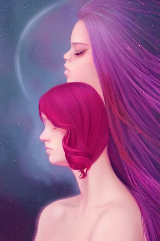 Image similar to centered detailed portrait of a beautiful intimate woman with long purple cosmic hair and a beautiful red dress, by ilya kuvshinov and ross tran