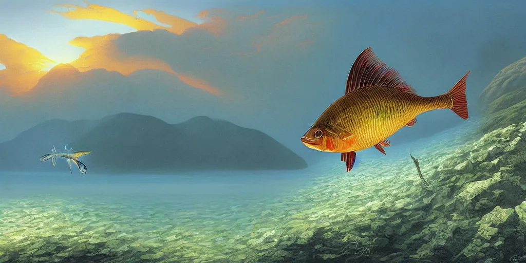 Prompt: A fish jumping out of water in the bay of kotor, by Vladimir Kush, Mark Arian