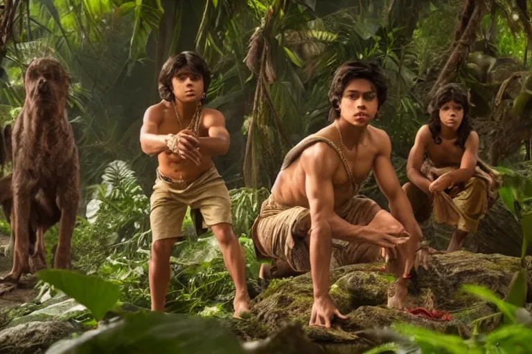 Image similar to jake t. austin plays mowgli in the live action adaptation of the jungle book, red weapon 8 k s 3 5, cooke anamorphic / i lenses, highly detailed, cinematic lighting