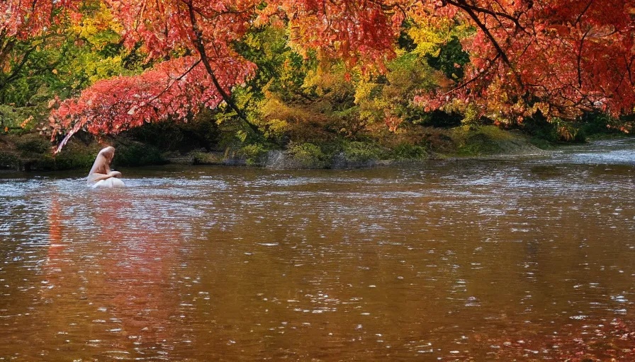 Prompt: a beautiful woman turning into a peaceful river, it's autumn and a gentle breeze is moving leaves around