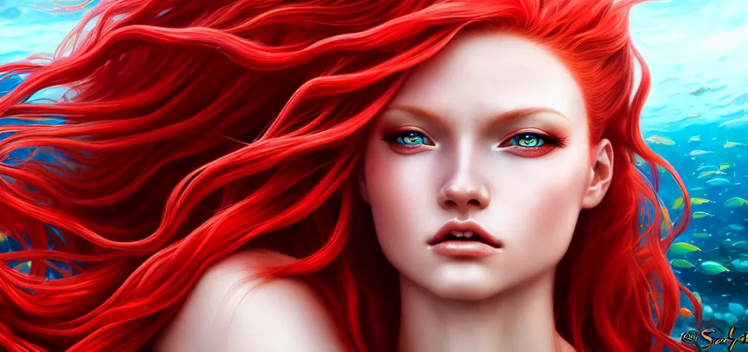 Image similar to close portrait photo of a gorgeous female mermaid with long red hair wearing metal armor in the style of stefan kostic, realistic, half body shot, sharp focus, 8 k high definition, insanely detailed, intricate, elegant, art by stanley lau and artgerm, extreme blur coral reef background