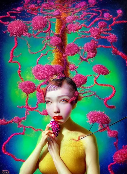 Prompt: hyper detailed 3d render like a Oil painting - kawaii portrait Aurora (ancient black haired flapper girl fae acrobat) seen Eating of the Strangling network of yellowcake aerochrome and milky Fruit and Her delicate Hands hold of gossamer polyp blossoms bring iridescent fungal flowers whose spores black the foolish stars by Jacek Yerka, Mariusz Lewandowski, Houdini algorithmic generative render, Abstract brush strokes, Masterpiece, Edward Hopper and James Gilleard, Zdzislaw Beksinski, Mark Ryden, Wolfgang Lettl, hints of Yayoi Kasuma, octane render, 8k