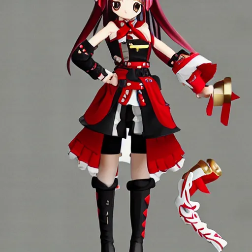 Image similar to Houshou Marine. Hololive character. Anime girl, 宝鐘マリン. Red pirate outfit and black pirate tricorn. brickred outfit colorscheme. Her name is Houshou Marine. Anime cute face