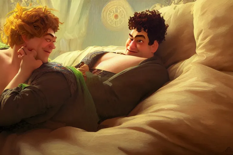 Prompt: russian poet alexander pushkin and shrek together in bed, portrait, highly detailed, digital painting, artstation, concept art, smooth, sharp focus, illustration, cinematic lighting, art by artgerm and greg rutkowski and alphonse mucha