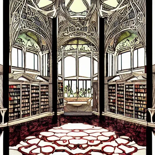 Prompt: library interior design, intricate watercolor art nouveau illustration by tim doyle