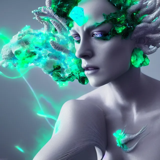 Prompt: a striking! render of ethereal beings made of emerald, agate, and smoky gray quartz, new age artwork, octane, houdini, 8 k, cgsociety, intricately detailed