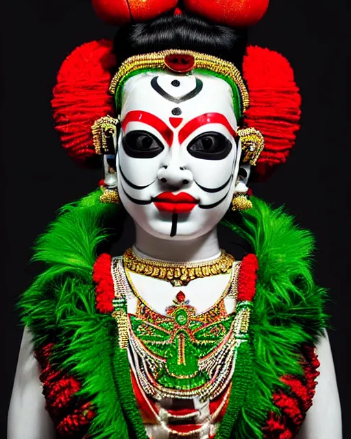 Prompt: symmetrical portrait of a kathakali dancer cyborg wearing a silicone swarovski studded red beauty mask and green hair buns, wearing a black bodysuit armour by alexander mcqueen, cream white background, soft diffused light, biotechnology, humanoid robot, bjork aesthetic, translucent, by rineke dijkstra, intricate details, highly detailed, masterpiece,