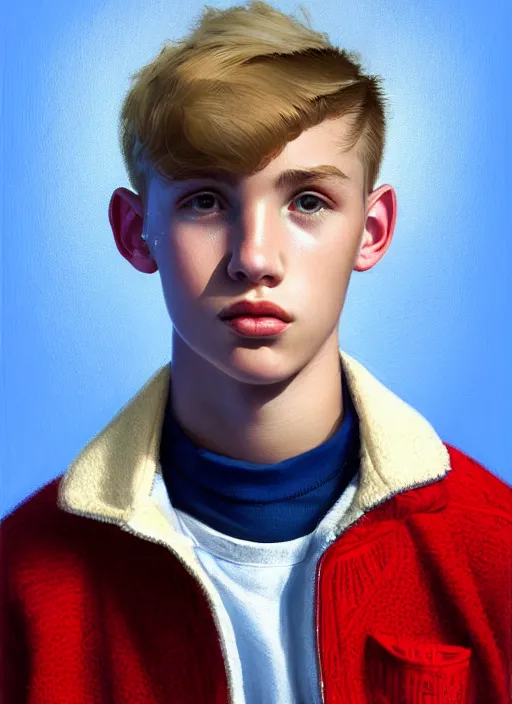 Image similar to portrait of a teenage boy named moose mason, blonde short hair, jock, beefy, square jaw, square facial structure, 1 9 5 0 s, blue varsity jacket, intricate, elegant, glowing lights, highly detailed, digital painting, artstation, concept art, smooth, sharp focus, illustration, art by wlop, mars ravelo and greg rutkowski