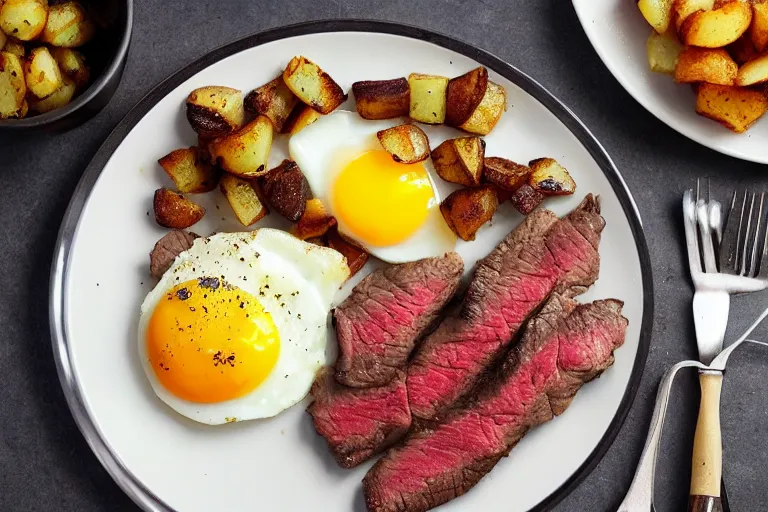 Image similar to a delicious looking plate of steak and eggs, with perfectly seasoned potatoes and breakfast hash browns